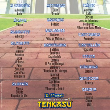 Villes où l&rsquo;on pourra apprécier Shin chan et le Mystère de Tenkasu Academy, en salles le 21 octobre