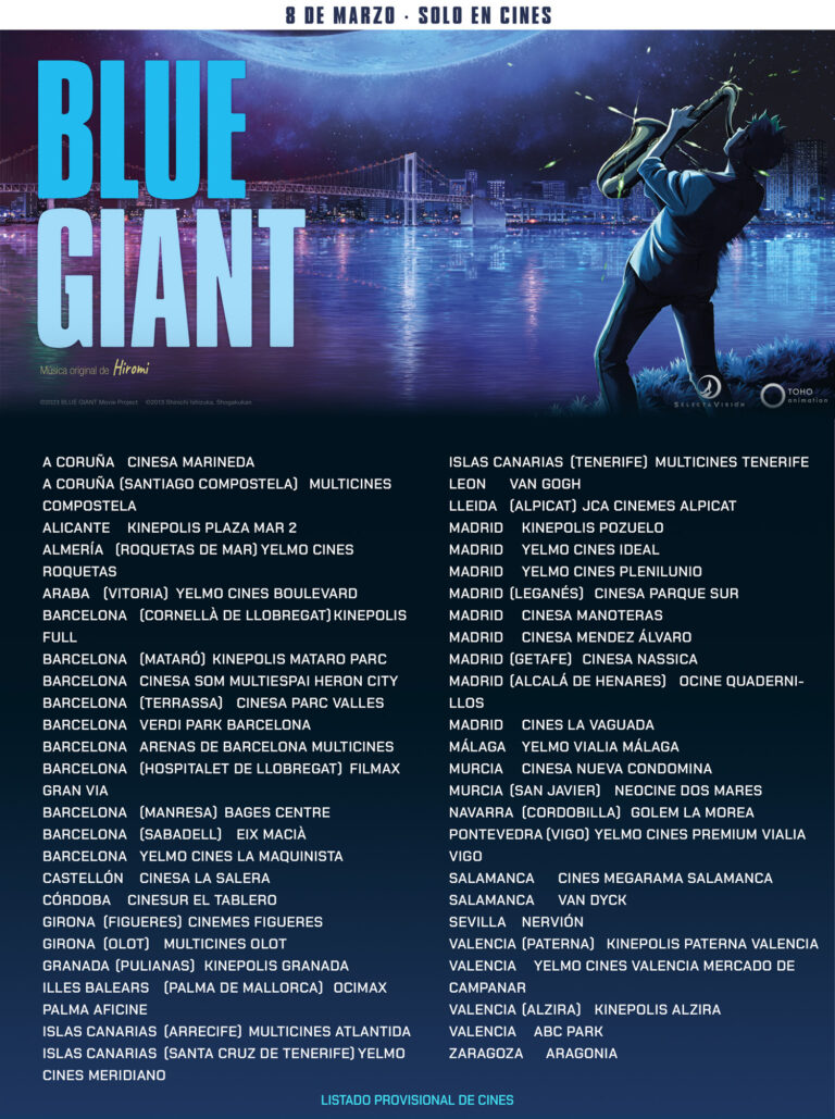 Liste des théâtres pour Blue Giant, ouverture le 8 mars