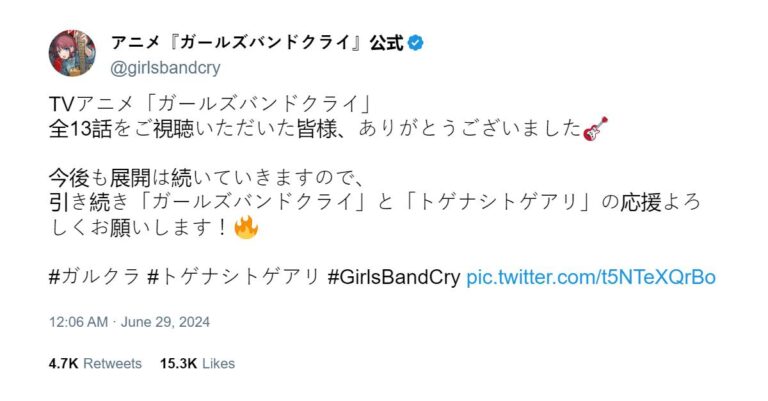 Girls Band Cry Anime promet de « continuer » –
