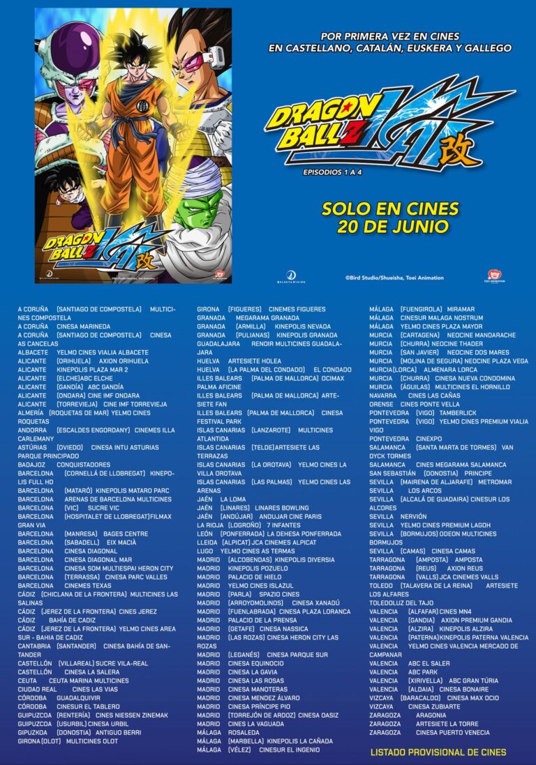 Liste des cinémas (extensible) confirmée pour la première des épisodes 1 à 4 de Dragon Ball Z Kai en salles, le 20 juin